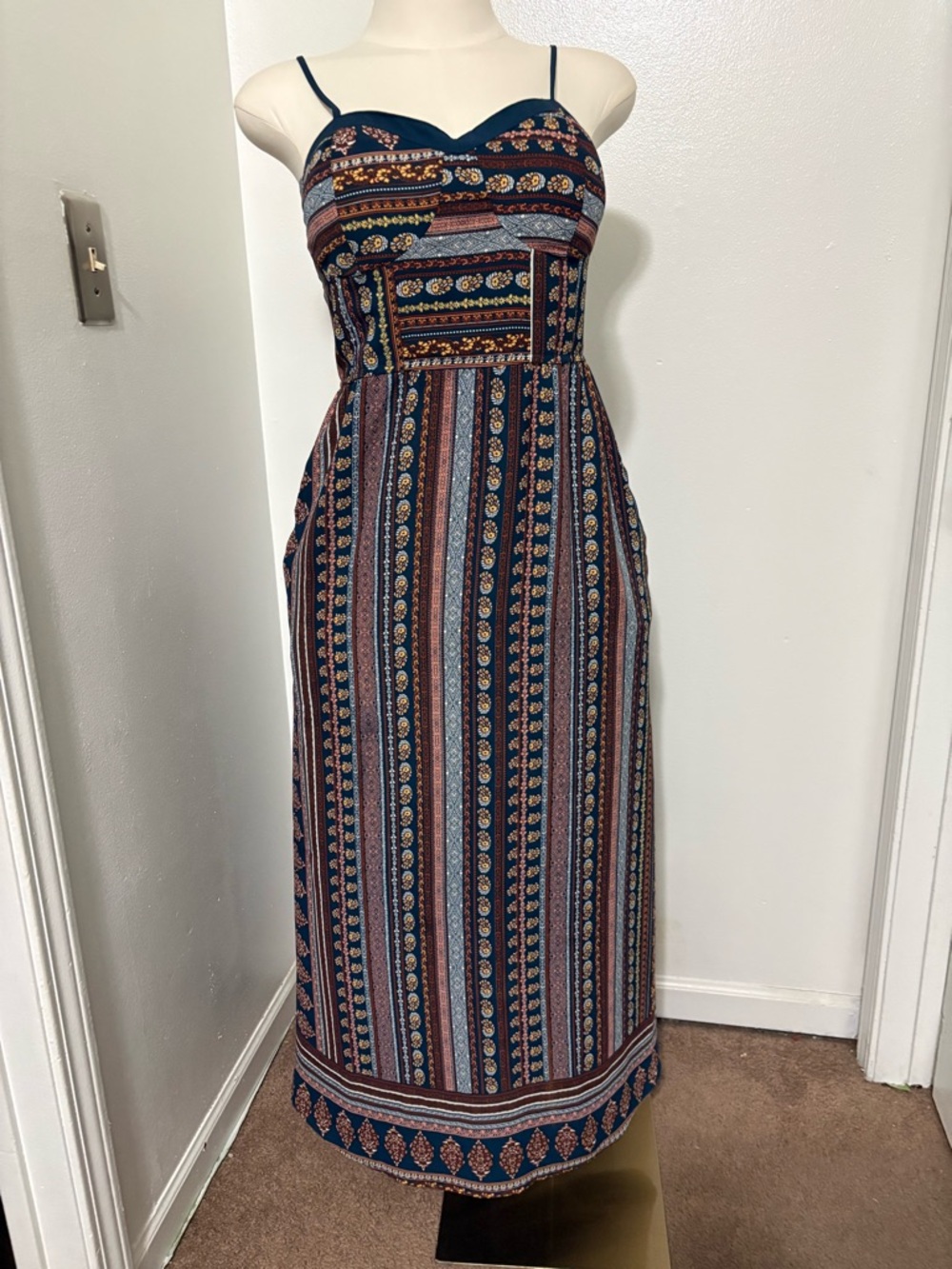 Xhilaration Navy Striped Floral Print Maxi Dress with Pockets NWOT Large